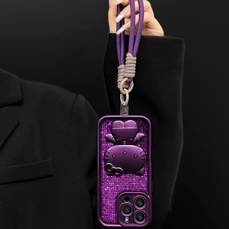Rotating Kitty phone case with mirror and stand – Purple