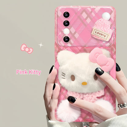 Pink  Kitty Flip Phone Case with Mirror and Stand