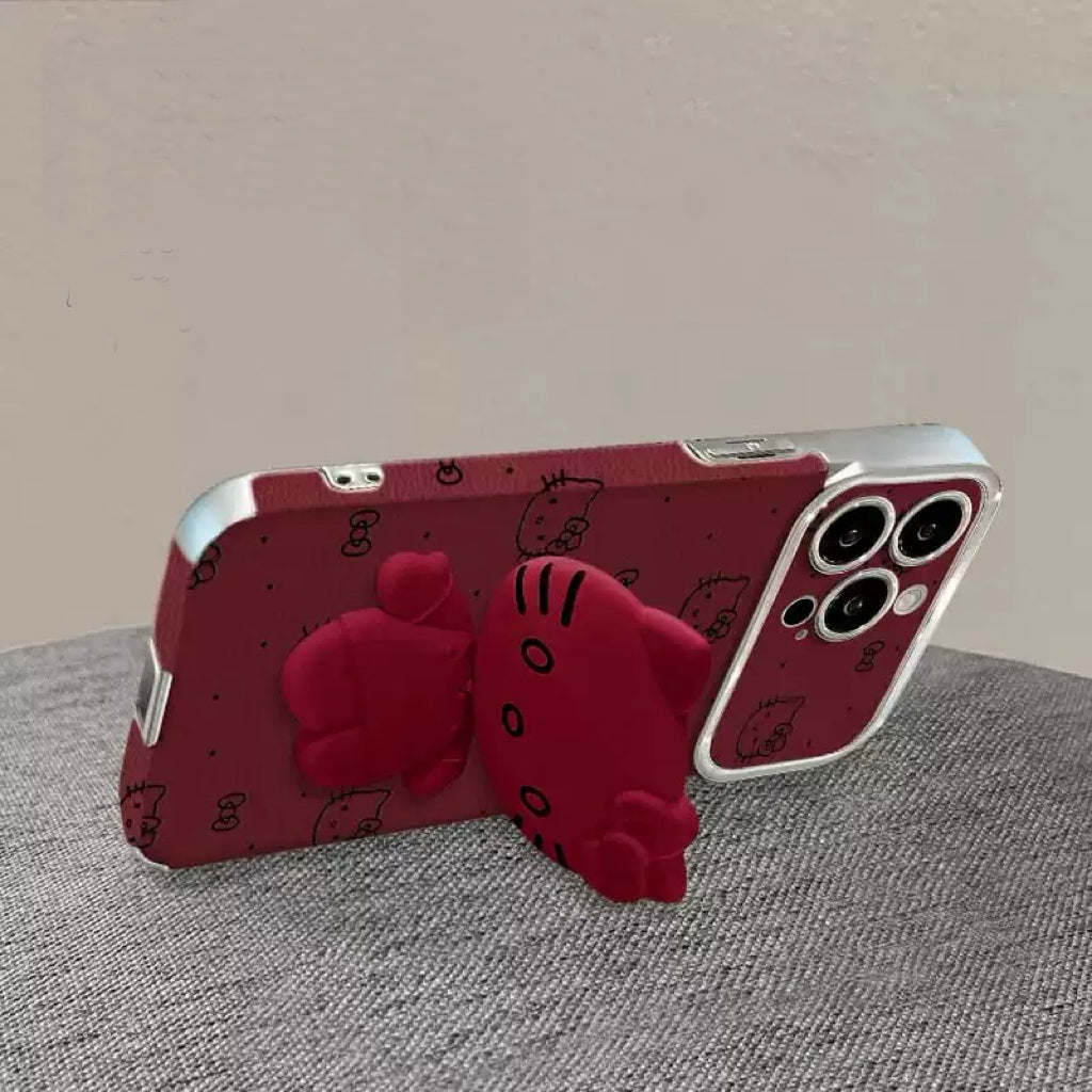 Red rotating Kitty mirror and stand phone case