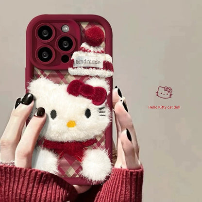 Christmas plaid plush kitty cat phone case