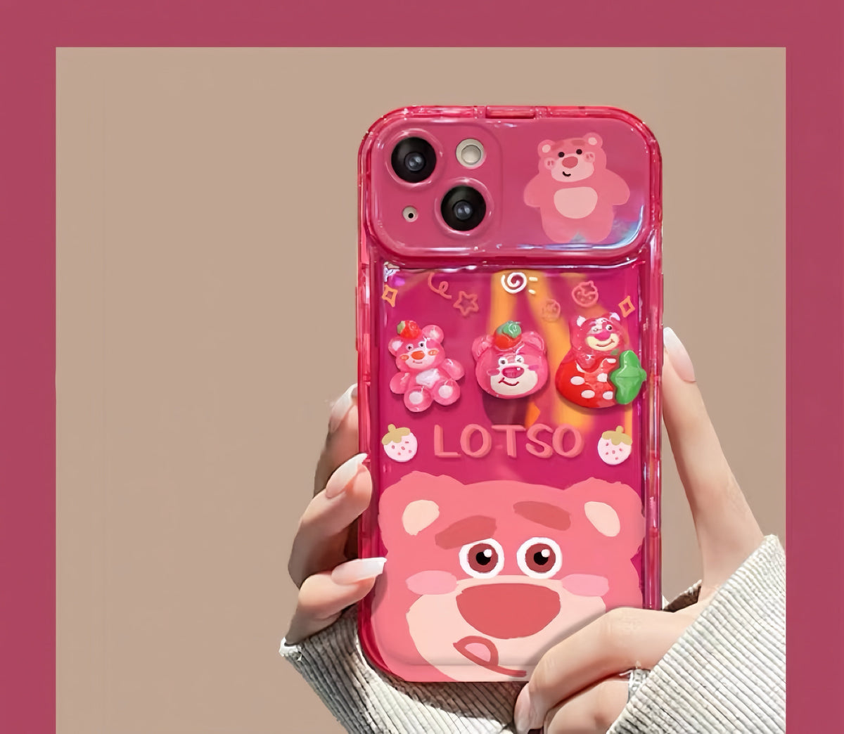 Strawberry Bear Flip Phone Case with Mirror and Stand