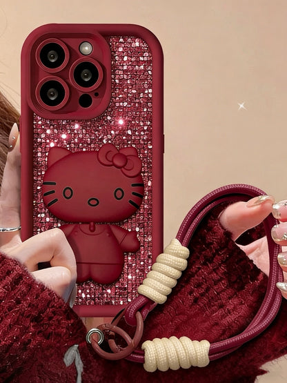 Rotating Kitty phone case with mirror and stand – Purple