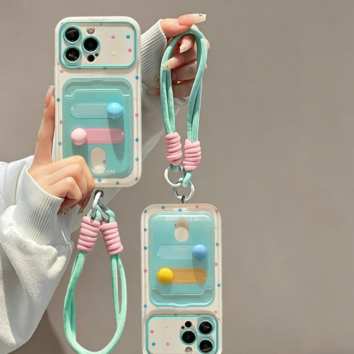 Fresh Polka-Dot Portable Mirror and Card Holder Phone Case