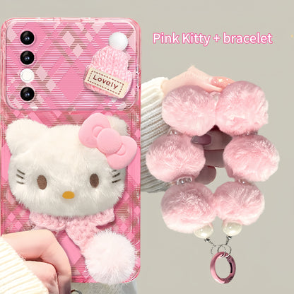 Pink  Kitty Flip Phone Case with Mirror and Stand