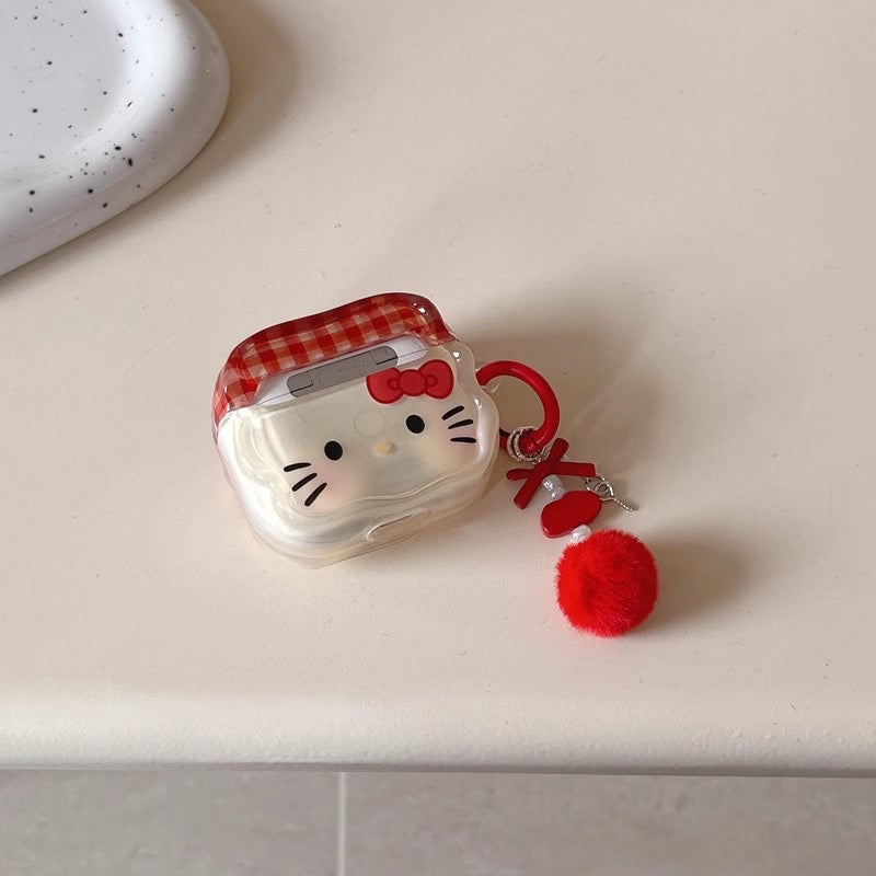 Cartoon plaid bowkity cat earphone cover