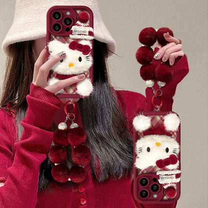 Christmas plaid plush kitty cat phone case