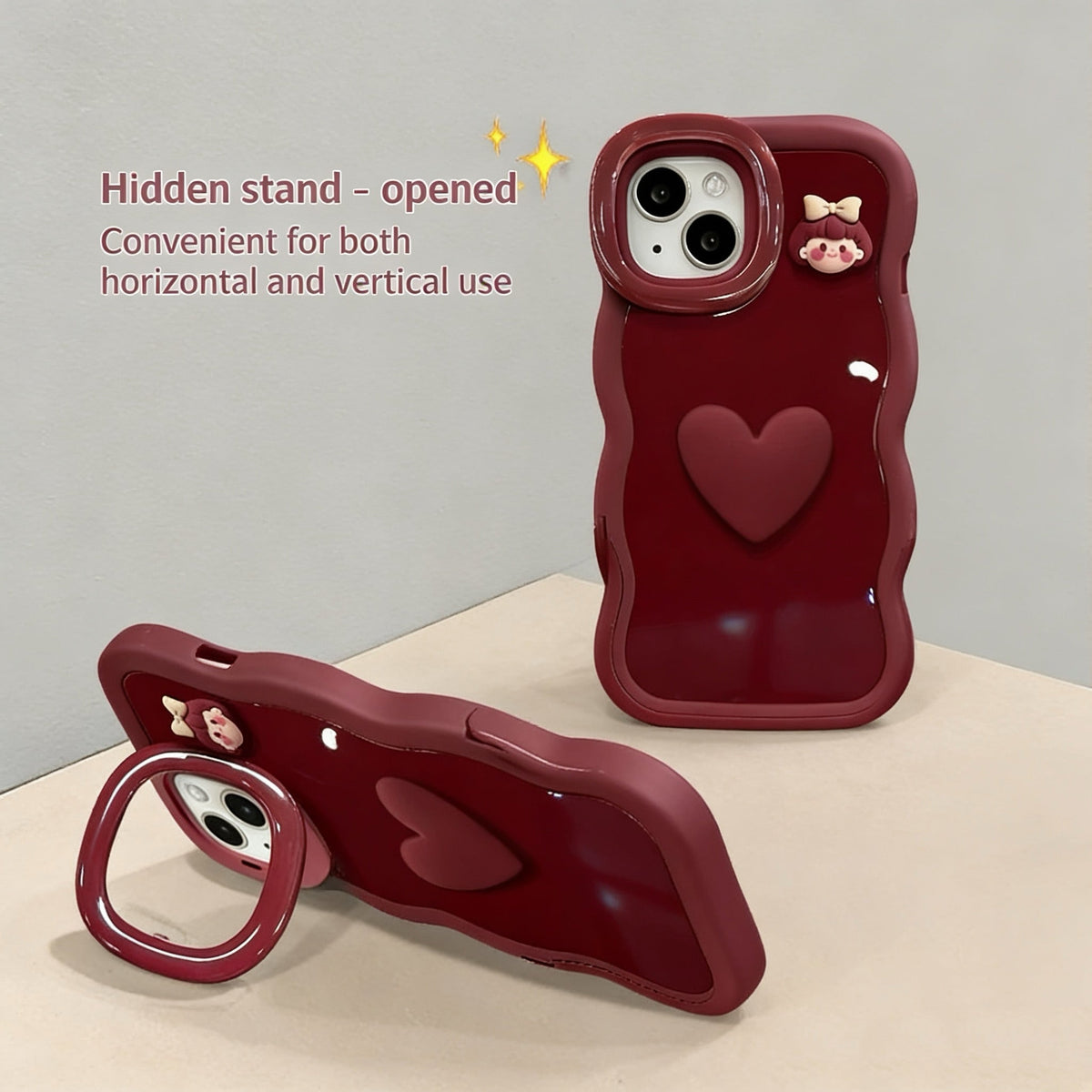 Bow-shaped Heart Girl Invisible Double Stand Phone Case