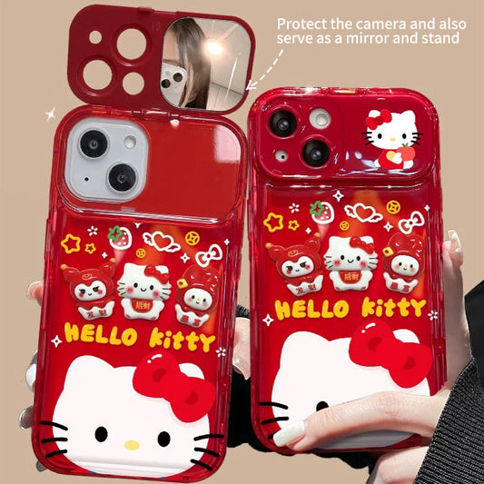 3D red Kitty Kuromi flip phone case with mirror and stand.