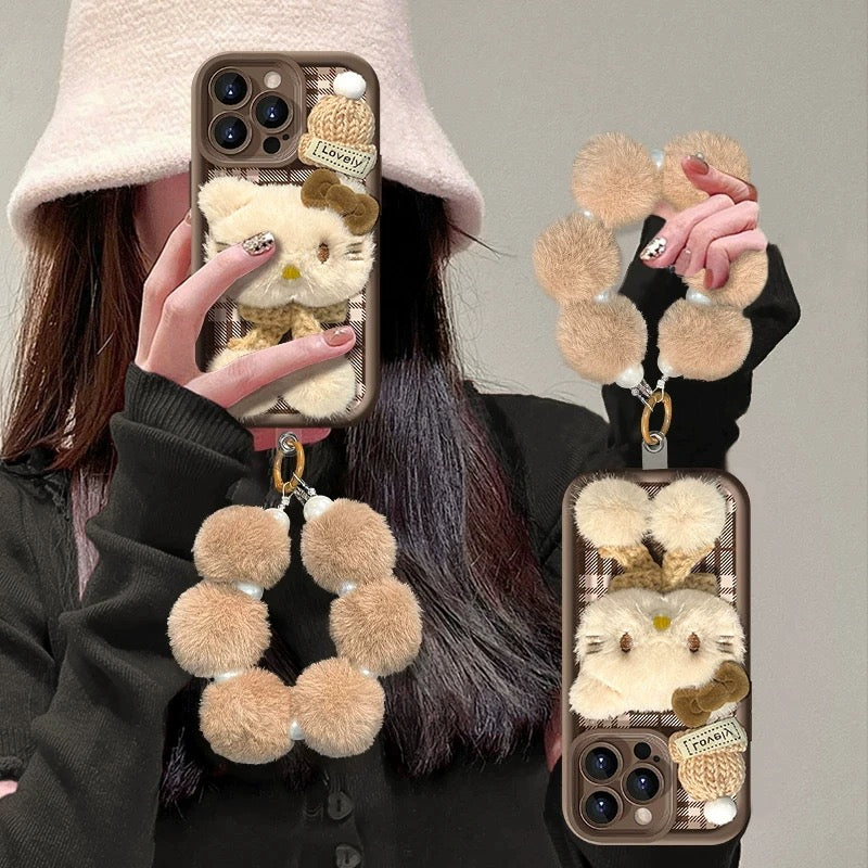Christmas plaid plush kitty cat phone case