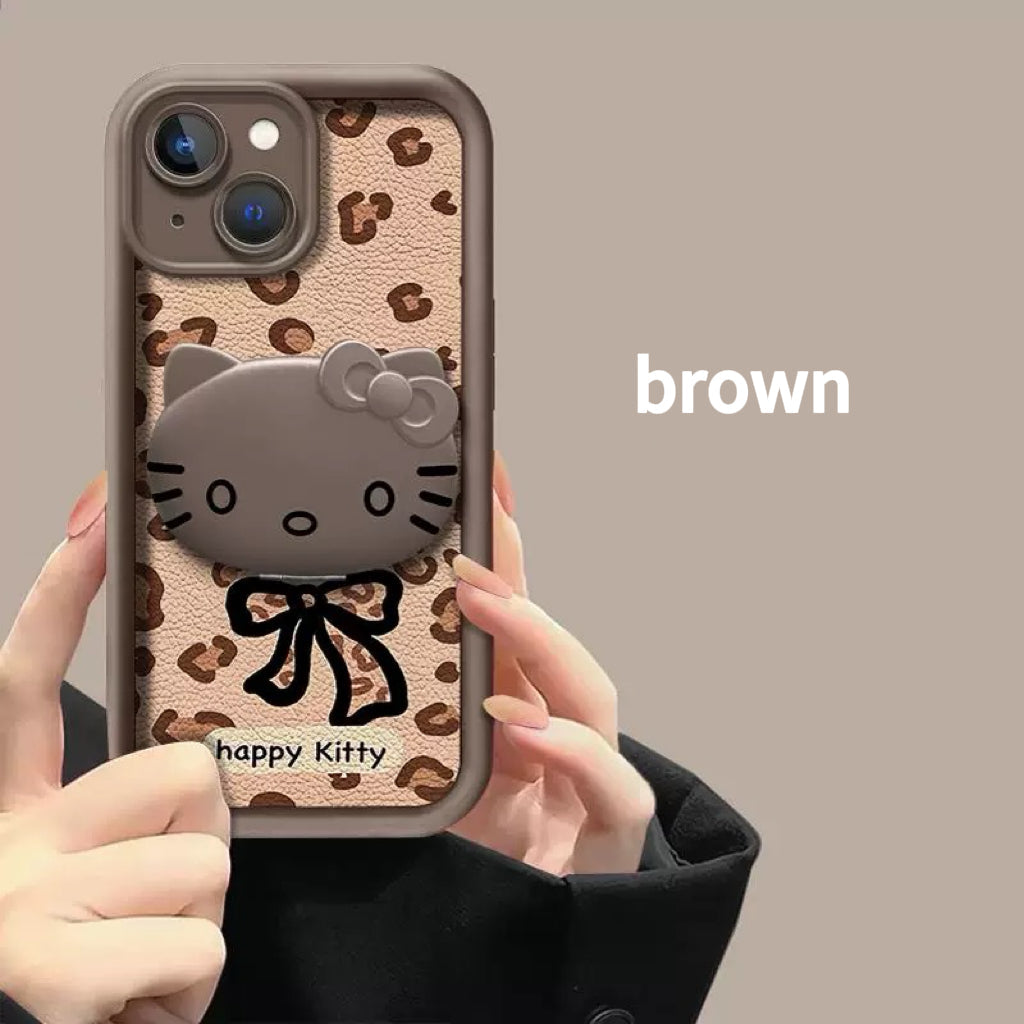 Rotating leopard print Kitty mirror and stand phone case