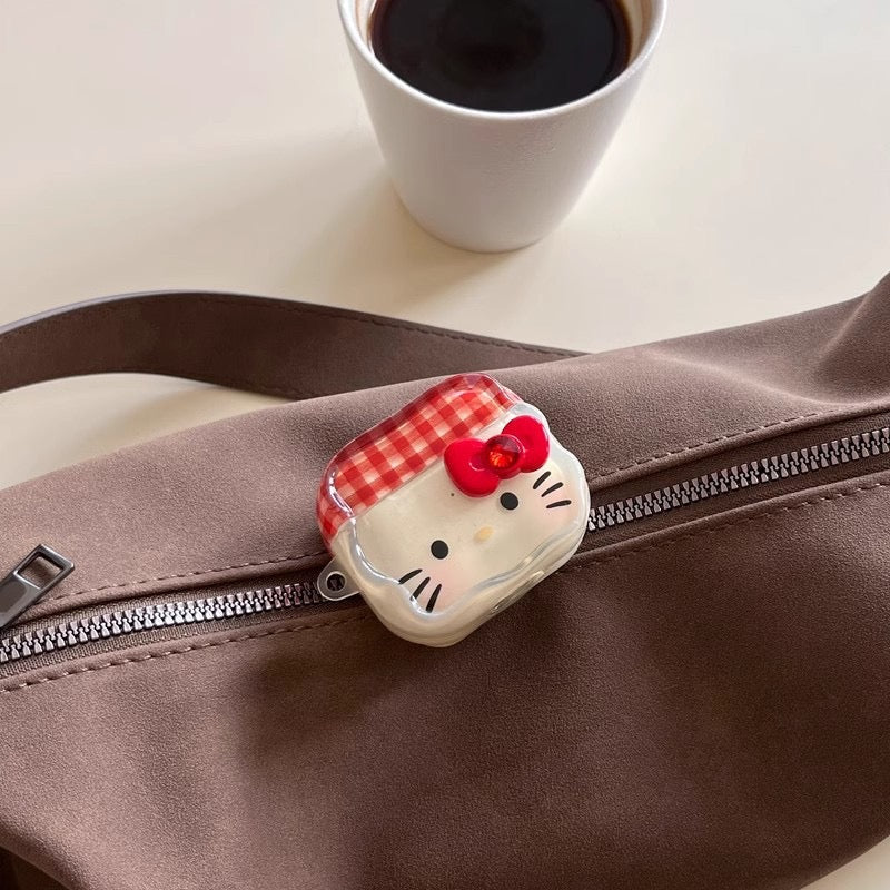 Cartoon plaid bowkity cat earphone cover