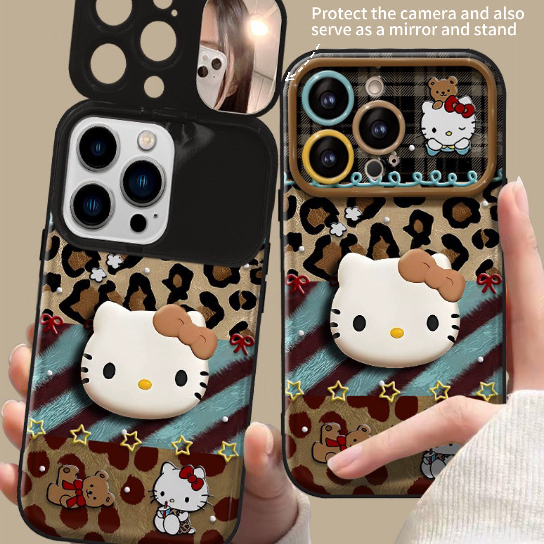 Leopard Print Hello Kitty Flip Phone Case with Mirror and Stand