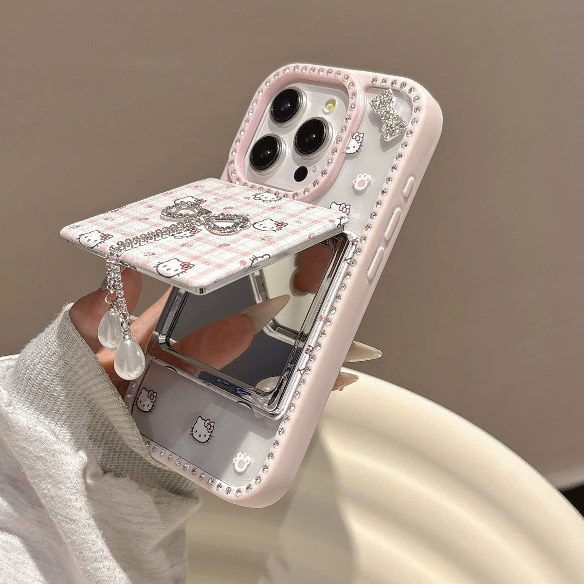 Pink Kitty Bow Phone Case with Mirror Holder