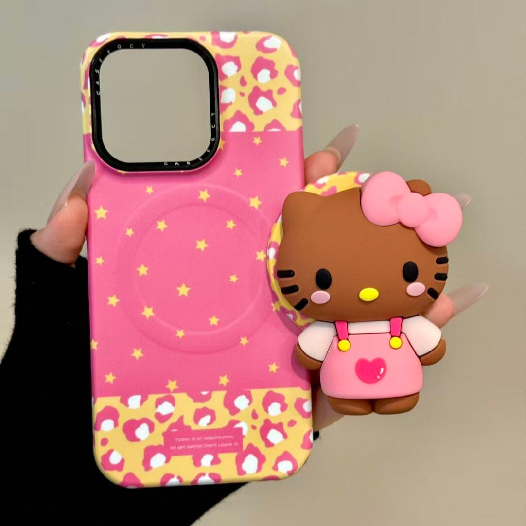 Hello Kitty Leopard Print Overalls Stand Phone Case