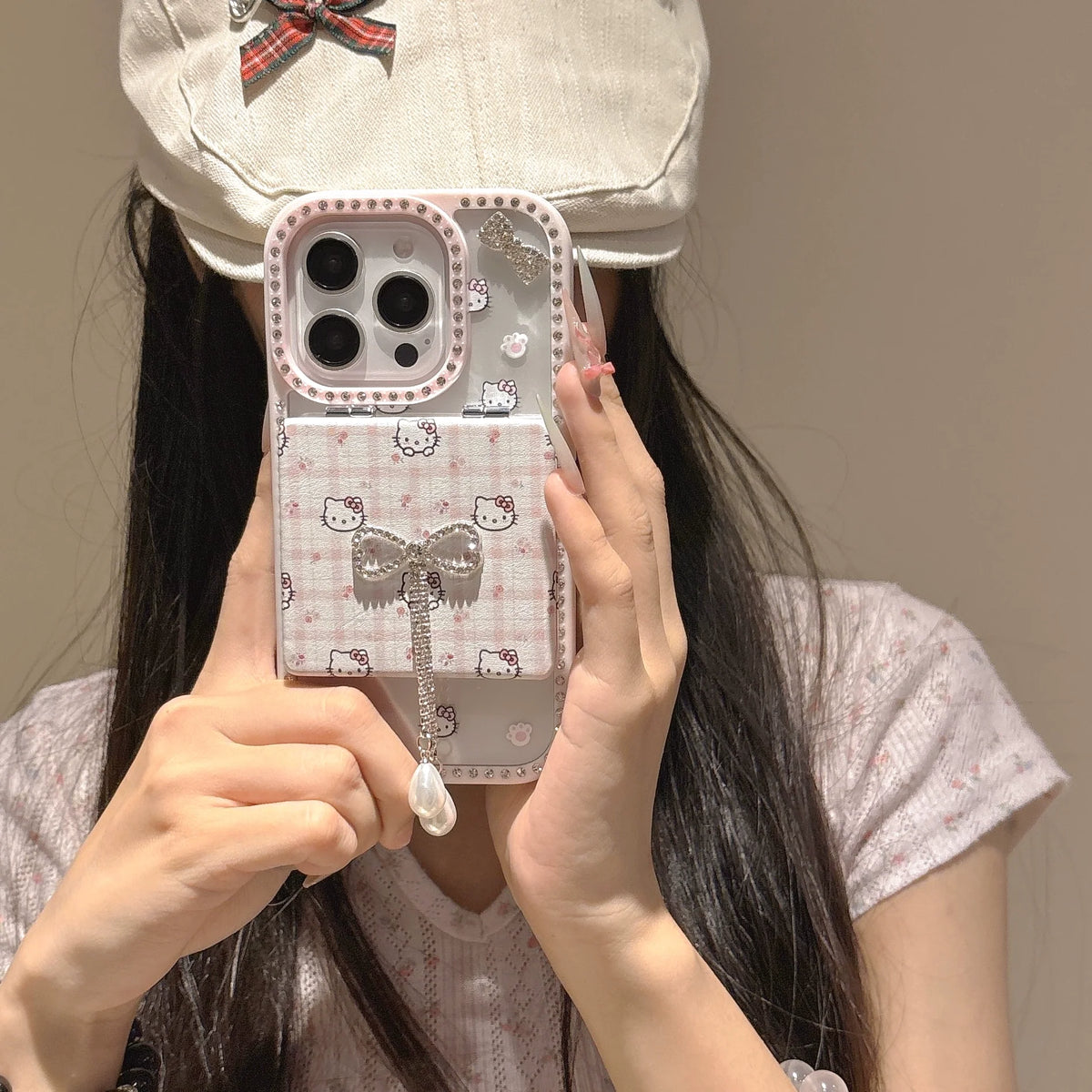 Pink Kitty Bow Phone Case with Mirror Holder