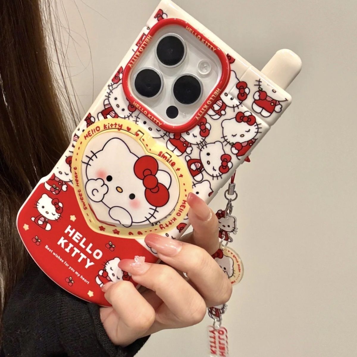 Kitty phone case with heart-shaped flip mirror