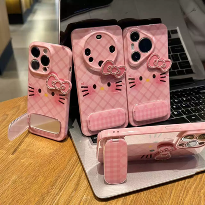 Pink checkered cat phone case with bow