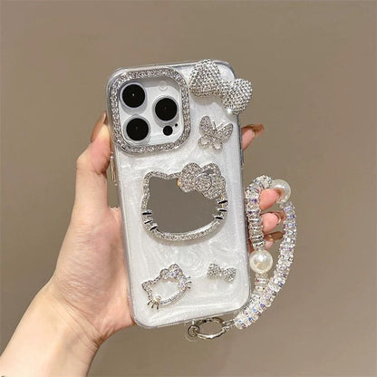 Android compatible full diamond bow and Hello Kitty cat mirror