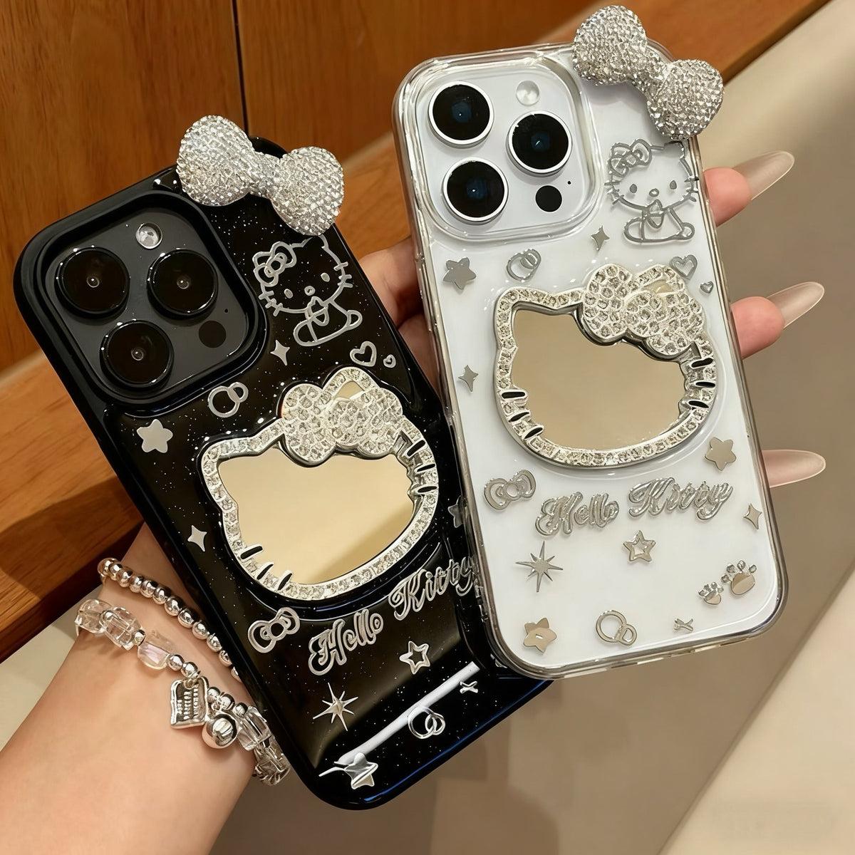 Android compatible Transparent Rhinestone Kitty Mirror Bow Phone Case