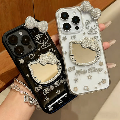 Android compatible Transparent Rhinestone Kitty Mirror Bow Phone Case