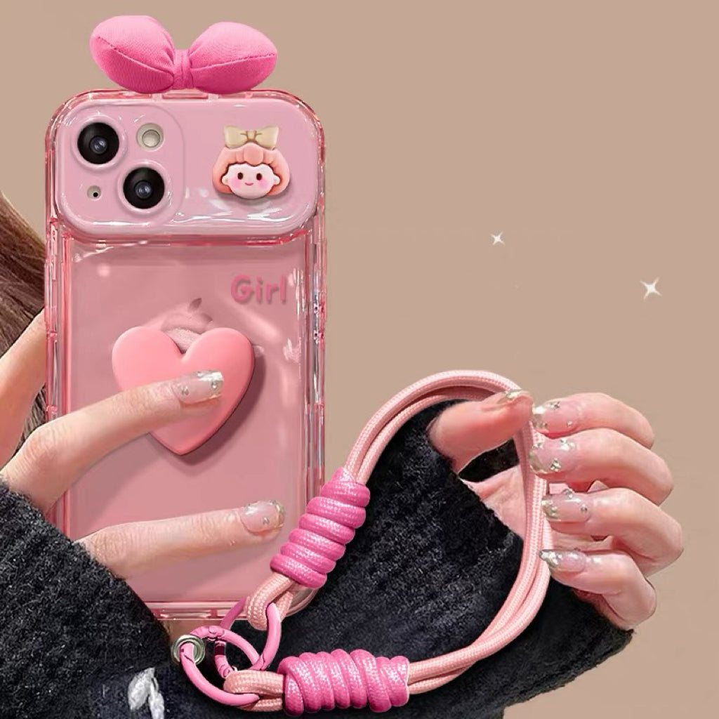 Pink bow girl portable mirror phone case