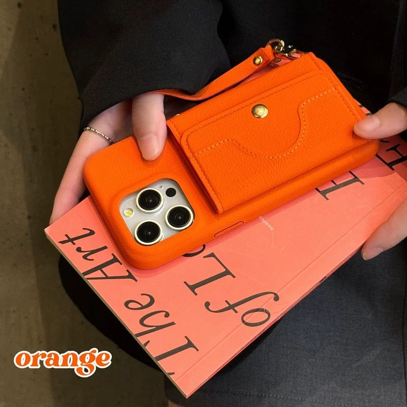 Lychee-Textured Phone Case with Mirror, Card Slot, and Wrist Strap