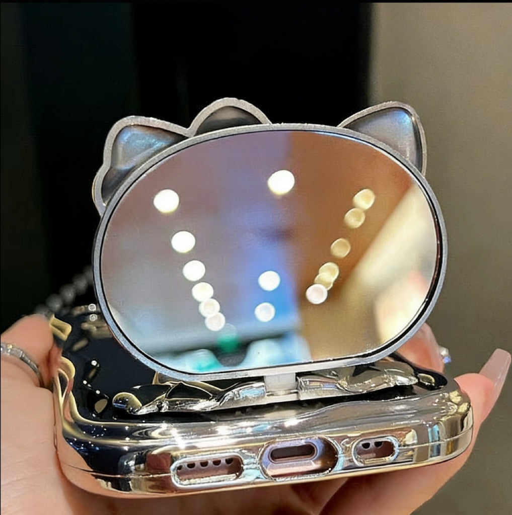 Compatible with Samsung Silver Kitty Rotating Mirror and Stand Phone Case