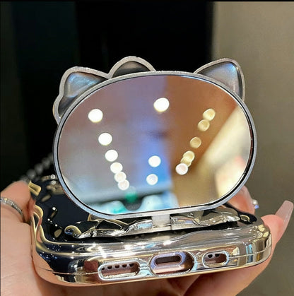 Compatible with Samsung Silver Kitty Rotating Mirror and Stand Phone Case