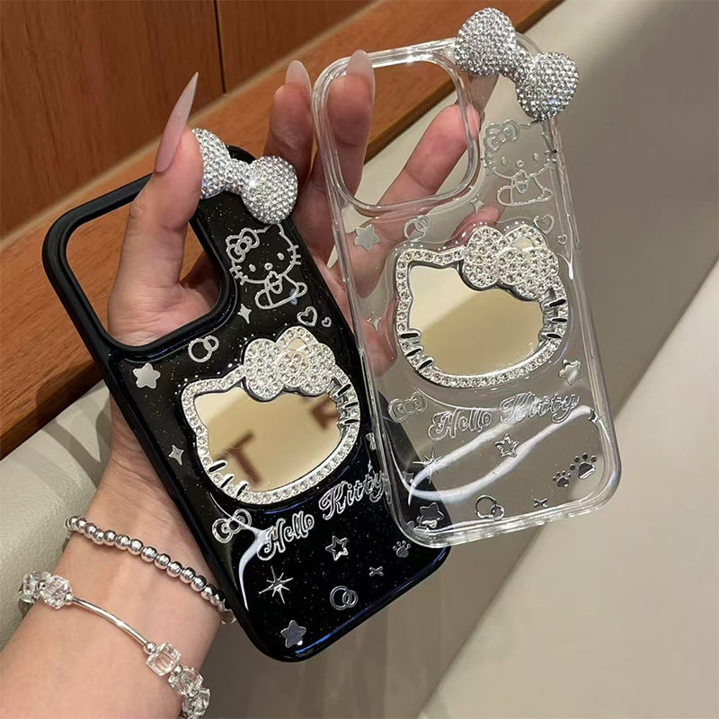 Android compatible Transparent Rhinestone Kitty Mirror Bow Phone Case