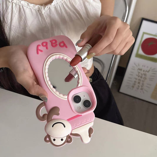 Pacifier Monkey 3D Silicone Phone Case with Makeup Mirror