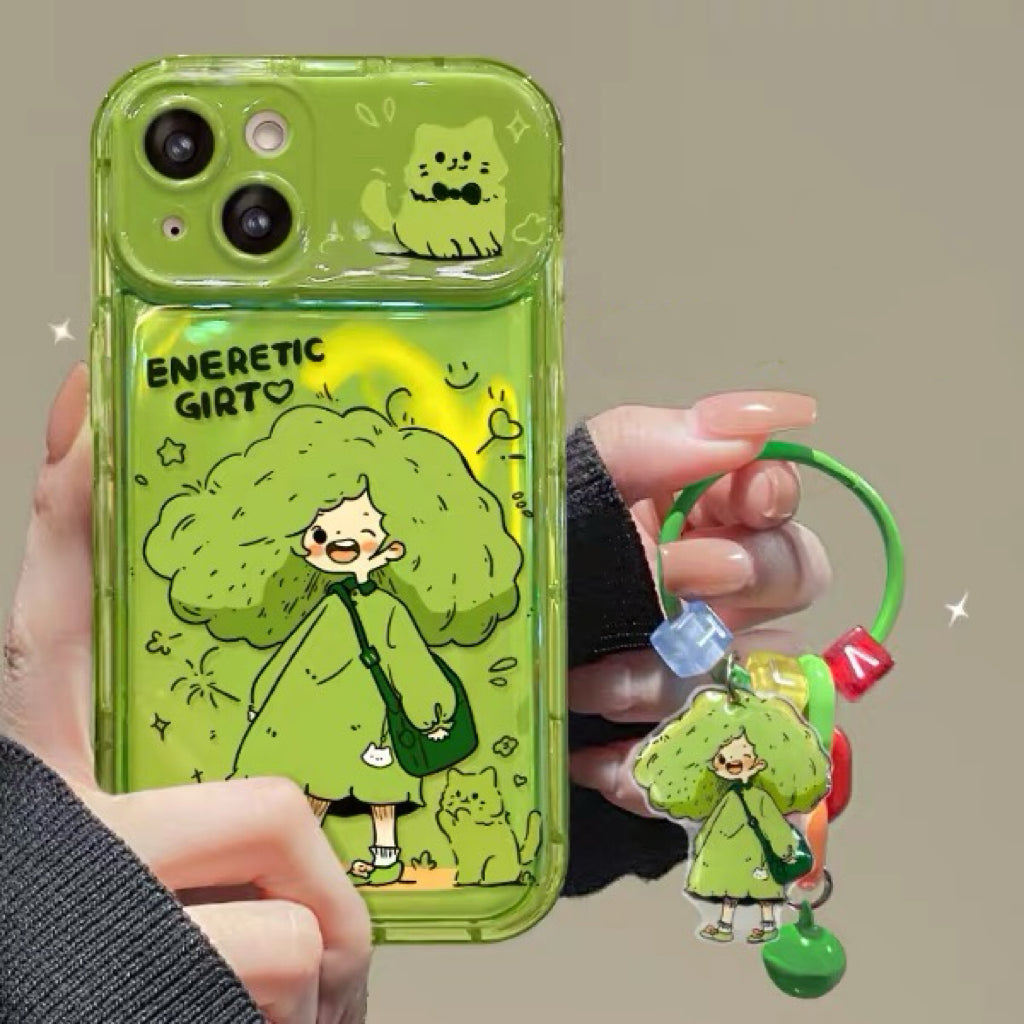 Green-haired little girl portable mirror phone case