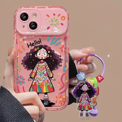 Colorful curly-haired girl portable mirror phone case