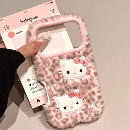 Cute Fluffy Pink Panther & Hello Kitty Lanyard Phone Case