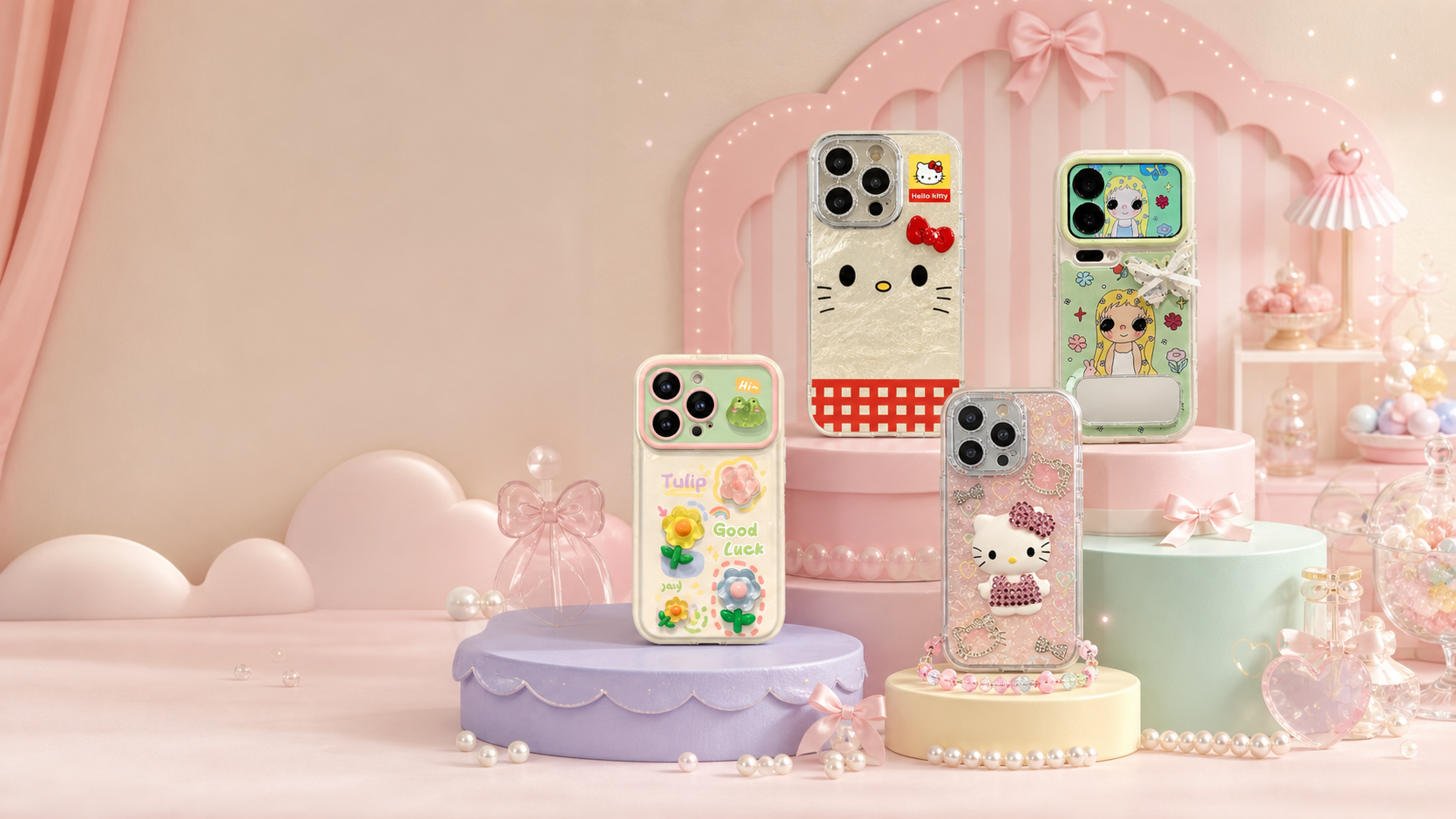 A pastel boutique display of playful phone cases on candy-colored plinths